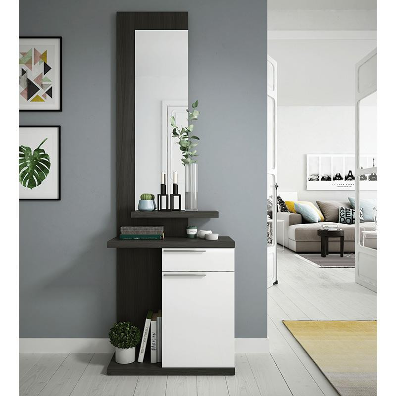 RECIBIDOR 2 CAJONES ESPEJO 186X61X29CM GRIS CENIZA BL BRILLO MOMI
