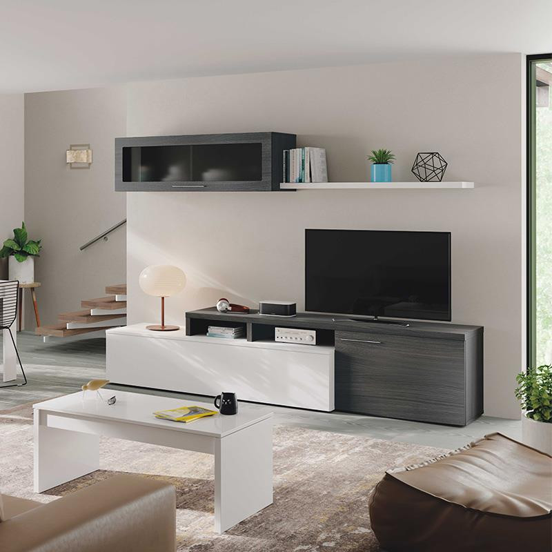 MODULO SALON TV 44X200X41CM BL BRILLO GRIS CENIZA MOMI