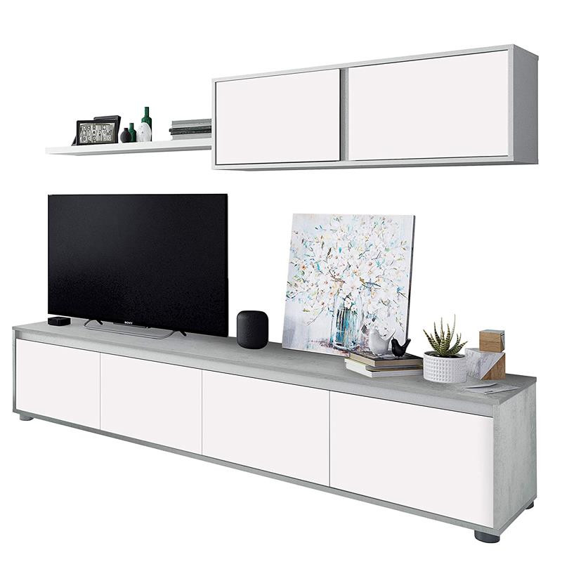 MUEBLE TV CON ESTANTE 6 PUERTAS 1 ESTANTE SUPERIOR BLANCO ARTIK CEMENTO